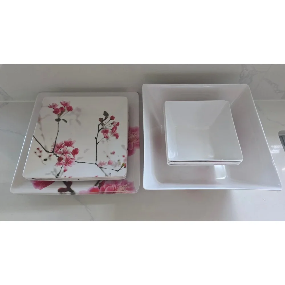 13pc Melamine Dinnerware Set Pink Cherry Blossom Square Plates Serving Bowls